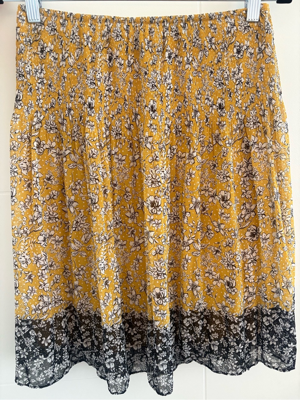 Max Studio Mustard Yellow Floral Smocked Midi Skirt with Black Hem